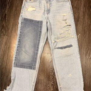 American Eagle Outfitters Light Blue Distressed Jeans with Dark Blue Patch